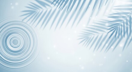 Abstract soft blue background with delicate shadows of palm leaves and concentric water ripples, creating a tranquil and ethereal atmosphere with subtle light sparkles
