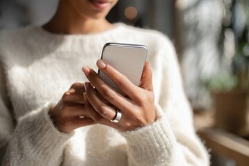 Woman using health app on smartphone with silver smart ring