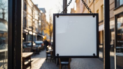 Blank square outdoor sign mockup hanging on street