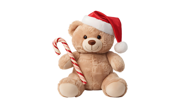 Teddy bear wearing a santa hat and holding a candy cane isolated on transparent background