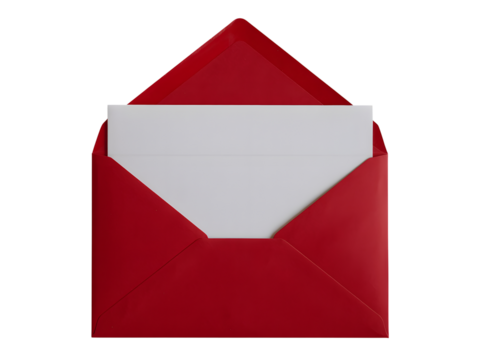 Open red envelope with a white card inside isolated on transparent background