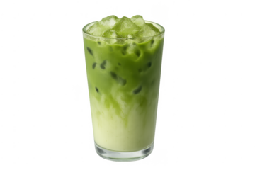 Iced matcha latte in glass with ice cubes