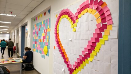 Colorful sticky notes forming a heart symbol on a wall
