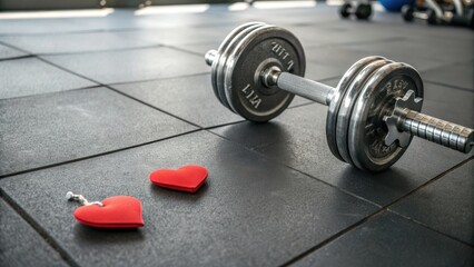 Dumbbell and red heart on gym floor