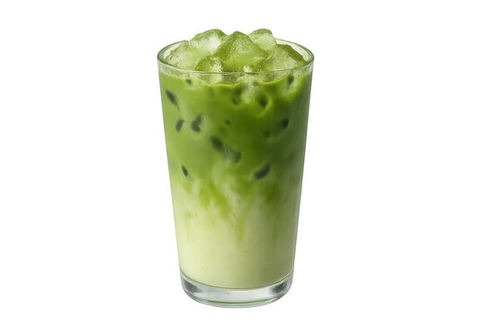 Iced matcha latte in glass with ice cubes