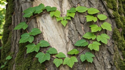 Green leaves forming a heart shape on a textured tree trunk