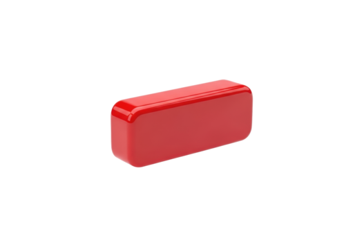 A glossy red 3D button with rounded corners, realistic reflections on a transparent background with soft shadow, shallow depth of field, concept of taking action