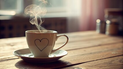 Hot steaming cup of tea with heart design