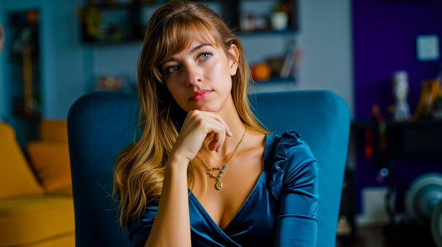 A woman with long blonde hair wearing a blue dress is sitting in a blue chair with her hand on her chin looking to the side