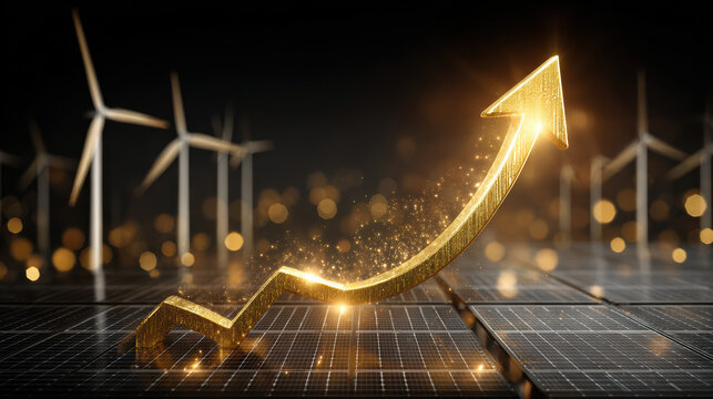 solarpaneele, photovoltaik, solarenergie, windkraft, windr&auml;der, erneuerbare energien, wachstumspfeil, goldpfeil, energieentwicklung, energiewachstum, nachhaltige energie, energiewende, energietrend, s
