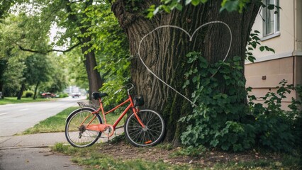 Red bicycle leaning on a tree with a heart doodle