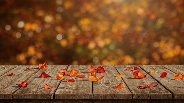 Fallen autumn leaves on a wooden deck with a blurred background of colorful foliage. Seasonal scene with nature and outdoor elements. The focus is on the leaves and the wooden surface.
