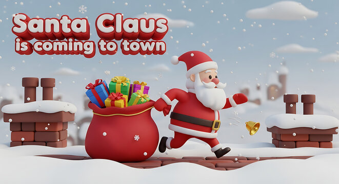 A cheerful 3D cartoon Santa Claus running across snowy rooftops with a large red sack full of festive holiday gifts