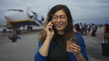 Woman smiles while holding coffee cup and phone to ear at airport terminal by a boarding plane;...