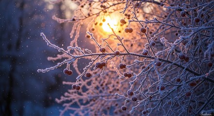 Wild apples on a frost-covered branch in the winter twilight. Snowy winter night. Snowfall in the forest. Christmas spirit. Banner, postcard, background.