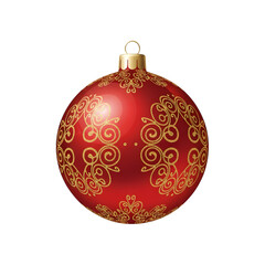 A vibrant red christmas ornament with intricate gold swirling patterns on a solid black background
