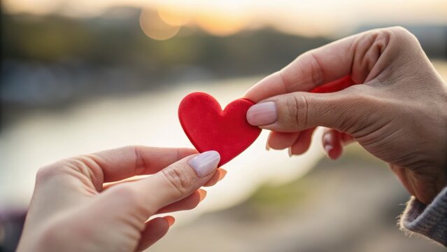 Two hands sharing a red heart symbol