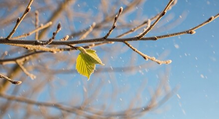 A delicate green leaf blossoms at the wrong time against a winter snowfall. A dramatic, life-affirming backdrop, banner, postcard, or background.