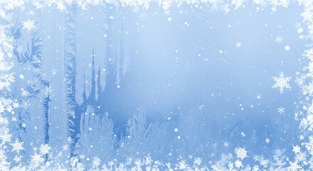 Frost patterns and snowflakes on frozen winter glass. Frosty blue. Winter patterns. Christmas spirit. Banner, card, background.