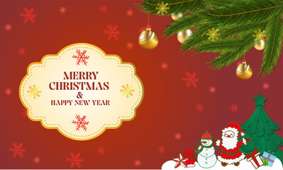Festive Merry Christmas and Happy New Year holiday greeting card with Santa Claus, snowman, ornaments, and fir tree, perfect for seasonal celebrations and winter wishes