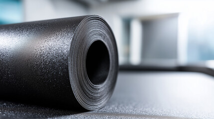 Waterproofing membrane roll in modern factory. Black industrial insulation material for construction, roofing protection, foundation sealing. Manufacturing process closeup.