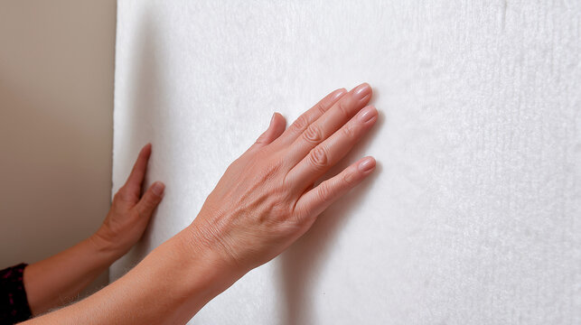 Worker hands applying soundproofing insulation material to wall before drywall installation. Home renovation and construction process with acoustic foam for noise reduction in interior design project.