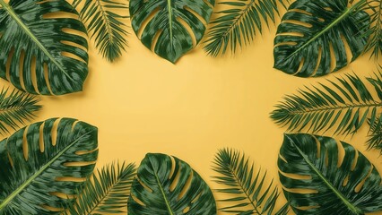 Fototapeta premium Lush green tropical leaves arranged around the edges on a yellow background, creating a vibrant tropical vibe.