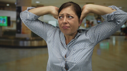 Fototapeta premium Middle aged hispanic woman in blue striped shirt covers her ears at airport terminal with tense expression; discomfort.