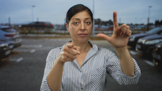 Woman points finger to camera while making a loser hand gesture on a city street; mockery contempt.