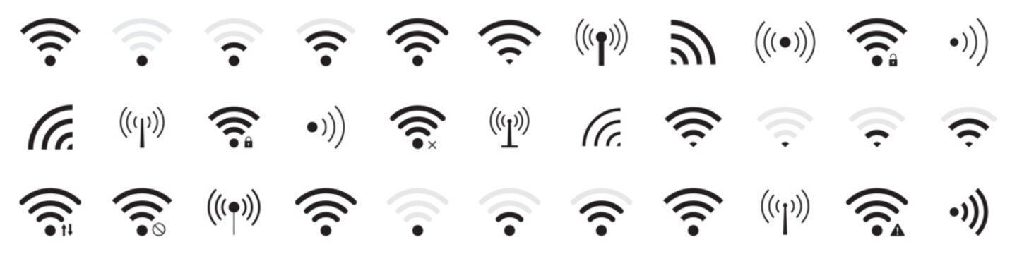Wifi signals. Collection of wireless signal icons. Set of signs for connect of network. Bar of satellites for mobile, radio, computer. Hotspot, strength electronic wave from antenna for communication.
