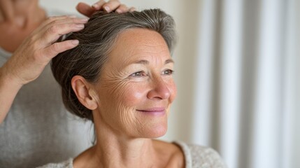 Fototapeta premium A Tranquil Moment of Hair Grooming and Care for a Senior Woman with Graceful Silver Hair in a Soothing Indoor Environment