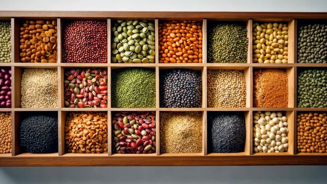 Wooden shelf display with assorted dry grains legumes spices and seeds arranged in square compartments