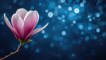 Magnolia flower blossom on a branch with a blue bokeh background. Nature and floral theme. Spring and delicate beauty. The concept of natural elegance and serenity