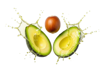 Fresh vibrant green avocado halves, pit, and dynamic liquid splashes frozen in motion on a transparent background with copy space, concept for healthy food advertising