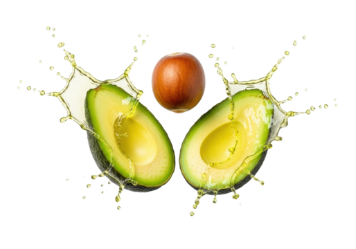 Fresh vibrant green avocado halves, pit, and dynamic liquid splashes frozen in motion on a transparent background with copy space, concept for healthy food advertising