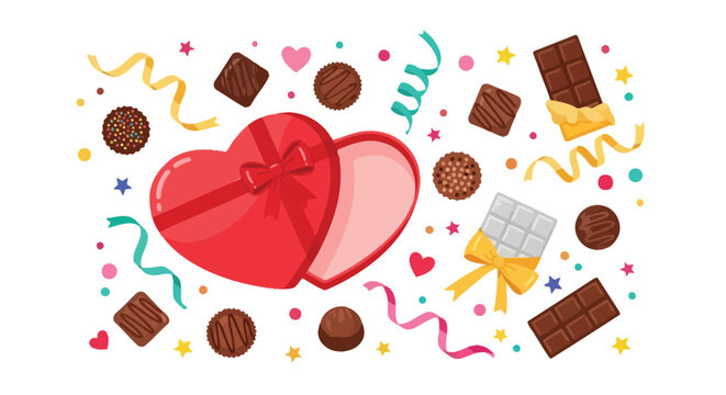 A vibrant assortment of chocolates and festive ribbons scattered around an open heart shaped gift box