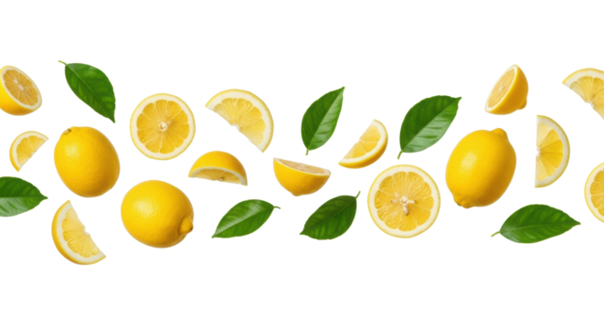 Vibrant yellow lemons, whole and sliced, with fresh green leaves suspended mid-air against a transparent studio background, concept of natural vitality and a fresh start