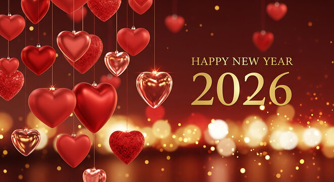 Happy new year 2026 with red heart balloons and bokeh lights