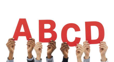 Diverse hands with various skin tones in corporate sleeves collectively holding bold red capital letters on a transparent studio background with copy space. Concept of unity and collaboration