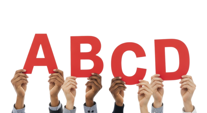 Diverse hands with various skin tones in corporate sleeves collectively holding bold red capital letters on a transparent studio background with copy space. Concept of unity and collaboration