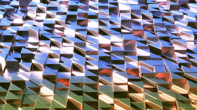 Abstract geometric chrome metal triangles background pattern animation with nice lighting and shadows in repeating 3d rendered video. 