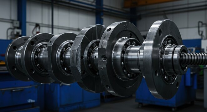 Detailed industrial photo of a large, precision-machined steel crankshaft, highlighting its bearings and counterweights in a mechanical workshop setting ,steel ,closeup ,component