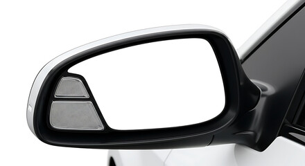 Close up of a modern car side view mirror with integrated turn signal