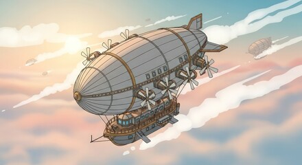 Anime Airship Soaring Through a Cloudy Sky.