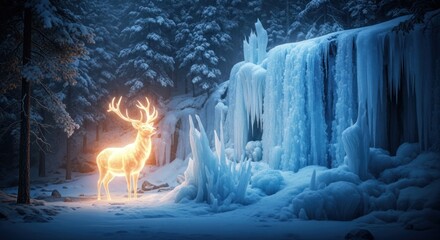 Enchanted Winter Forest - A Luminous Deer Amidst Frozen Waterfalls.