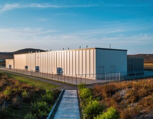 Obraz premium Modern Industrial Warehouse Surrounded by Green Landscape at Sunset