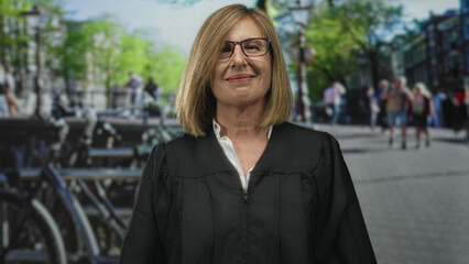 Woman face smiles beside a line of locked bicycles on an urban street with blurred pedestrians;...