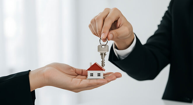 Real estate agent hands over house key and miniature home model - Powered by Adobe