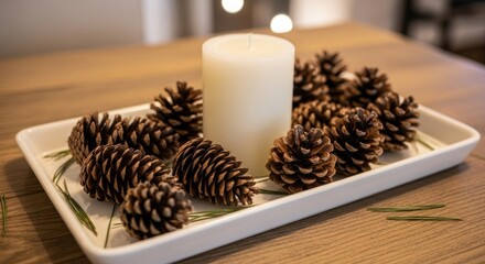 Elegant Pine Cone and Candle Centerpiece on White Tray.