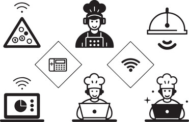 Smart kitchen and E-Commerce icon set. Online service, remote cooking, digital food service.